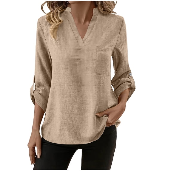 KyCheLot Women's Casual Work Shirts Breathable Cotton Linen 3/4 Sleeve V Neck Loose Tee Shirts Summer Spring