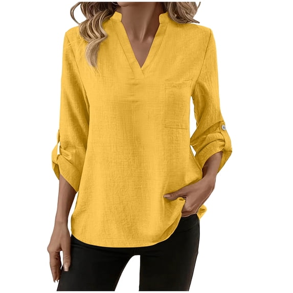 KyCheLot Women's Casual Work Shirts Breathable Cotton Linen 3/4 Sleeve V Neck Loose Tee Shirts Summer Spring