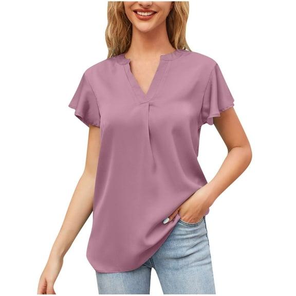 KyCheLot Women's Casual Work Tops Summer Blouses V Neck Loose Short Sleeve Dressy T-Shirts