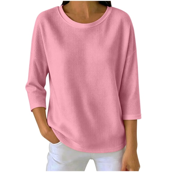 KyCheLot Women's Crew Neck Sweatshirt Solid Color 3/4 Length Sleeve Clothes Lightweight Vacation Sweatshirts