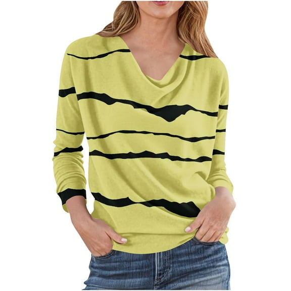 KyCheLot Women's Dressy T Shirts Pleated Collar Printed Loose Long Sleeve Tops Business Travel