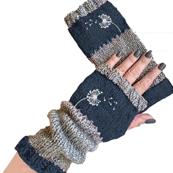 KyCheLot Women's Knitted Mittens Winter Thicken Fingerless Gloves Trendy Embroidered Comfy Warm Mittens