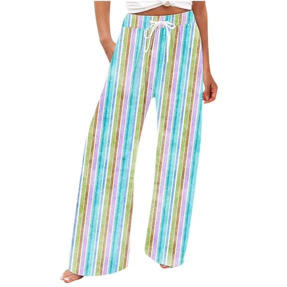 KyCheLot Women's Lounge Pants Cute Striped Plus Size Drawstring Waist Wide Leg Trousers Homewear