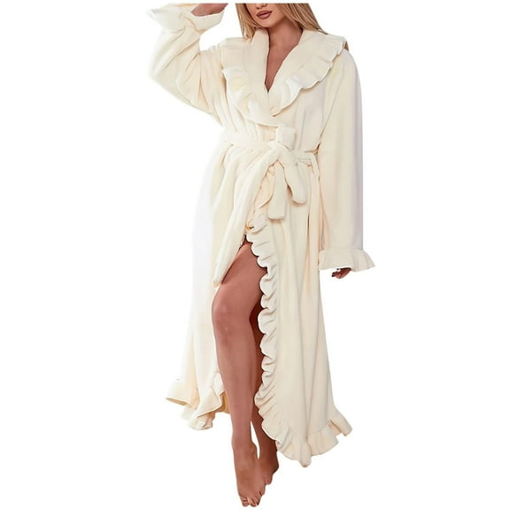KyCheLot Women's Casual Robes Elegant Ruffle Soft Loose Belted V Neck Full Length Bathrobe for Ladies Winter