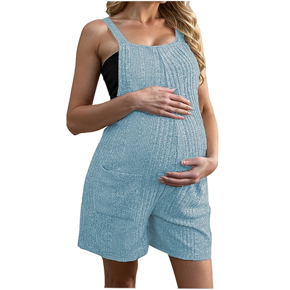 KyCheLot Women's Maternity Summer Jumpsuits Shorts Knit Ribbed Sleeveless Pregnancy Romper with Pockets