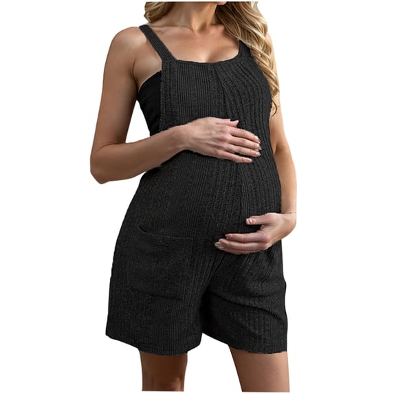 KyCheLot Women's Maternity Summer Jumpsuits Shorts Knit Ribbed Sleeveless Pregnancy Romper with Pockets