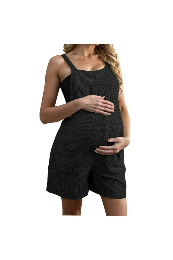 Women's Maternity Summer Jumpsuits Shorts Knit Ribbed Sleeveless Pregnancy Romper with Pockets