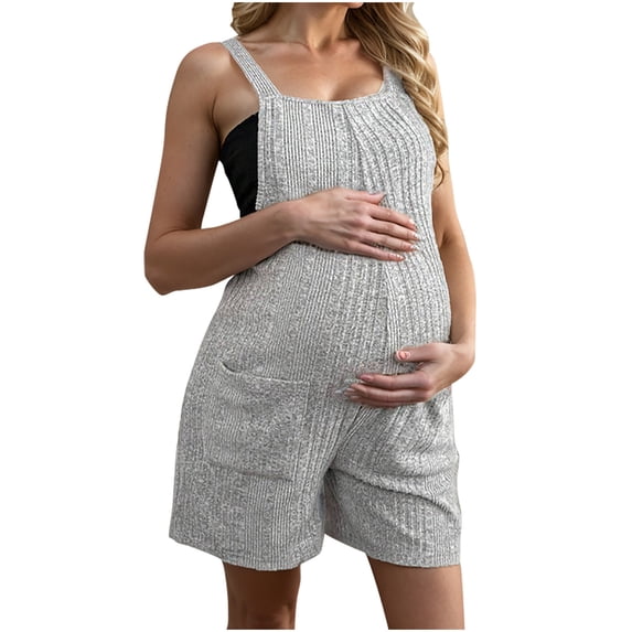 KyCheLot Women's Maternity Summer Jumpsuits Shorts Knit Ribbed Sleeveless Pregnancy Romper with Pockets