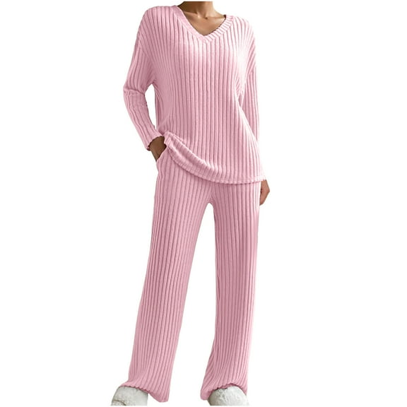 KyCheLot Women's Pajama Sets Ribbed Knit Long Sleeve Comfy Soft 2 Piece Sweater Sleepwear