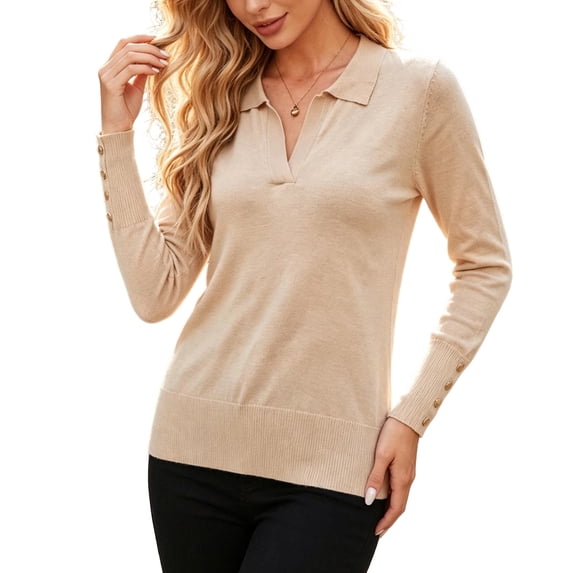 KyCheLot Women's Pullover Sweaters Color Block Lapel Collar Long Sleeve Sweaters Casual Workout Knitted Tops