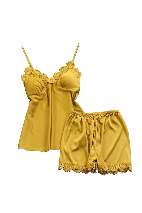 Women's Satin Pajamas Set Summer Lace Padded Cami Tops and Shorts Sleepwear 2 Piece Nightwear