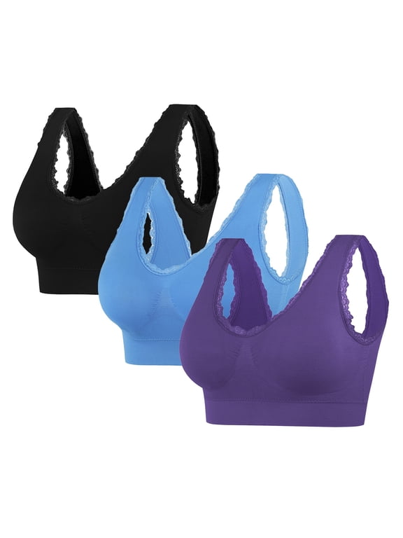 Women's Seamless Bra with Pads Thin Breathable Stretchy Lace Trim Wirefree Everyday Bras 3 Pack