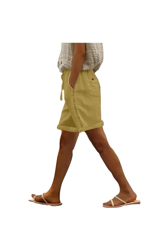 Women's Shorts Solid Color Drawstring Elastic Waist Rolled Hem Shorts Casual Summer Outfits with Pockets