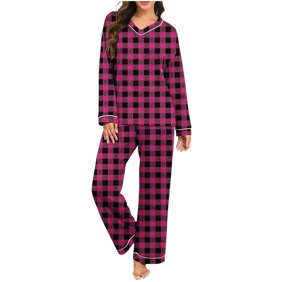 KyCheLot Women's Sleepwear Comfy Color Block V Neck Shirts Long Sleeve and Loose Long Pants 2 Piece Pajama Sets