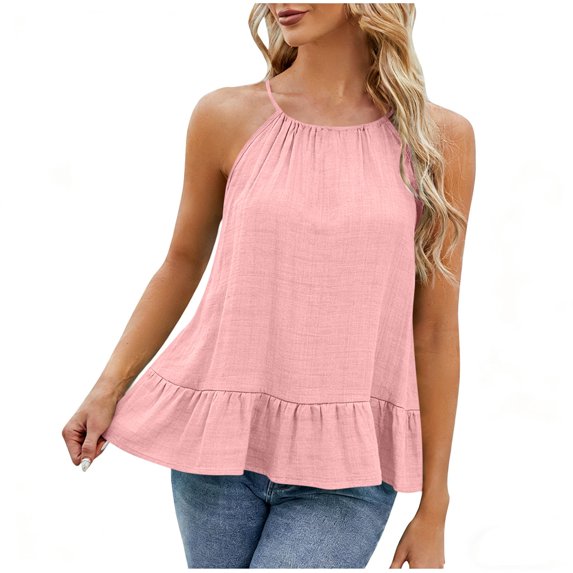 KyCheLot Women's Sleeveless Tops Flowy Spaghetti Strap Loose Ruffle Hem Summer Blouses Beach Vacation Cami Shirts