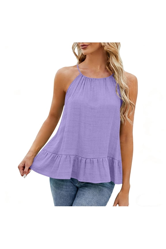 Women's Sleeveless Tops Flowy Spaghetti Strap Loose Ruffle Hem Summer Blouses Beach Vacation Cami Shirts