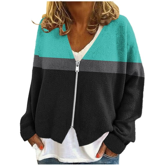 KyCheLot Women's Sweaters Jacket Color Block Loose Warm V Neck Zip up Casual Knit Cardigans Winter Fall