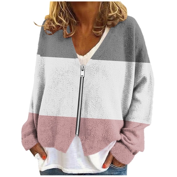 KyCheLot Women's Sweaters Jacket Color Block Loose Warm V Neck Zip up Casual Knit Cardigans Winter Fall