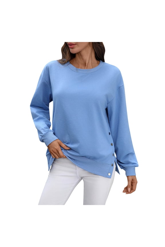 Women's Sweatshirts Trendy Side Snap Split Solid Color Pullover Crewneck Tunic Shirts Winter Spring