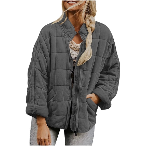 KyCheLot Women's Warm Coats Casual Lightweight Solid Color Stand Collar Long Sleeve Zip up Winter Loose Jacket for Women