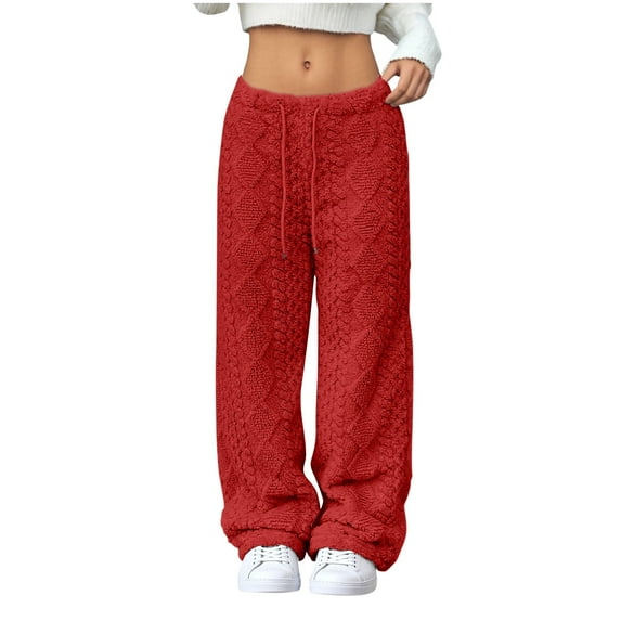 KyCheLot Women's Warm Casual Pants Fleece Textured Drawstring Elastic Mid Waist Wide Leg Fuzzy Bottoms Winter Fall