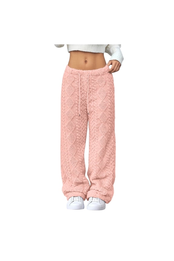 Women's Warm Casual Pants Fleece Textured Drawstring Elastic Mid Waist Wide Leg Fuzzy Bottoms Winter Fall