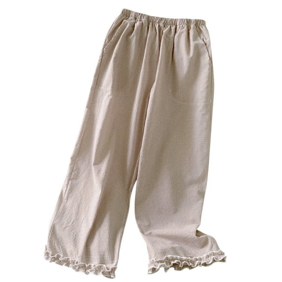 KyCheLot Women's Wide Leg Sleep Pants Crop Ruffle Hem Cute Elastic Waist Casual Loose Homewear Pajama Shorts