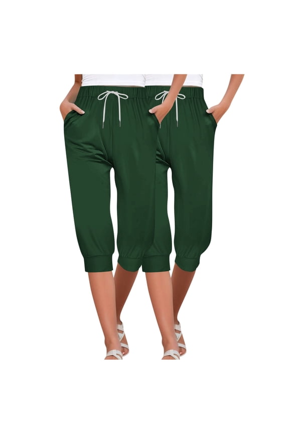 Womens 2 Pack Capri Sweatpants Loose Elastic Waist with Pocket Drawstring Straight Leg Pants