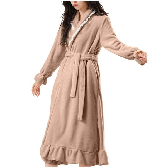 KyCheLot Womens Bathrobe with Belt Elegant Flannel Soft Warm Lightweight Home Long Robe for Women Winter