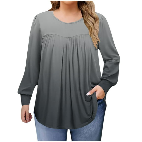 KyCheLot Womens Casual Tunic Shirts Pleated Long Sleeve Tops Color Block Plus Size Crewneck Blouses for Ladies