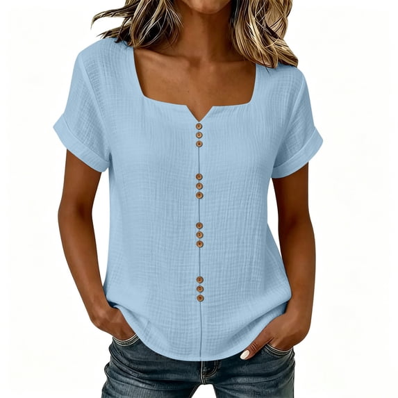 KyCheLot Womens Cotton Linen Tops Summer U Neck Solid Color Button Short Sleeve Tops Casual Beach Walking Clothes
