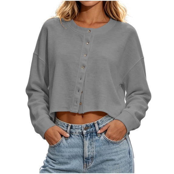 KyCheLot Womens Cropped Cardigan Button Round Neck Solid Color Long Sleeve Clothes Comfy Lightweight Cardigan