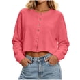 thumbnail image 1 of KyCheLot Womens Cropped Cardigan Button Round Neck Solid Color Long Sleeve Clothes Comfy Lightweight Cardigan, 1 of 6