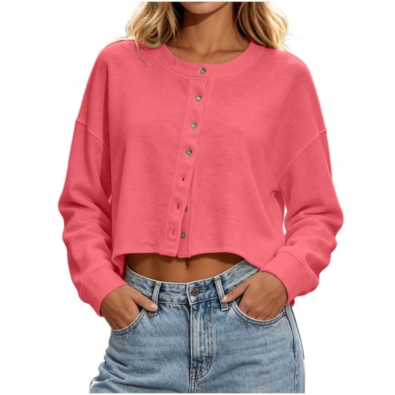 KyCheLot Womens Cropped Cardigan Button Round Neck Solid Color Long Sleeve Clothes Comfy Lightweight Cardigan