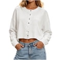 thumbnail image 1 of KyCheLot Womens Cropped Cardigan Button Round Neck Solid Color Long Sleeve Clothes Comfy Lightweight Cardigan, 1 of 6