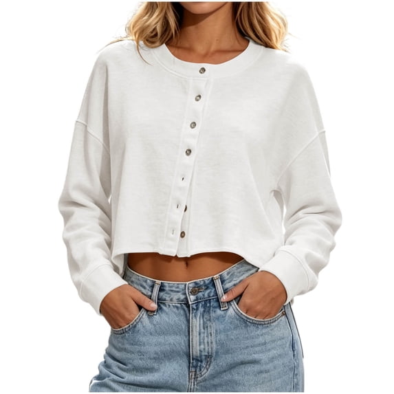 KyCheLot Womens Cropped Cardigan Button Round Neck Solid Color Long Sleeve Clothes Comfy Lightweight Cardigan