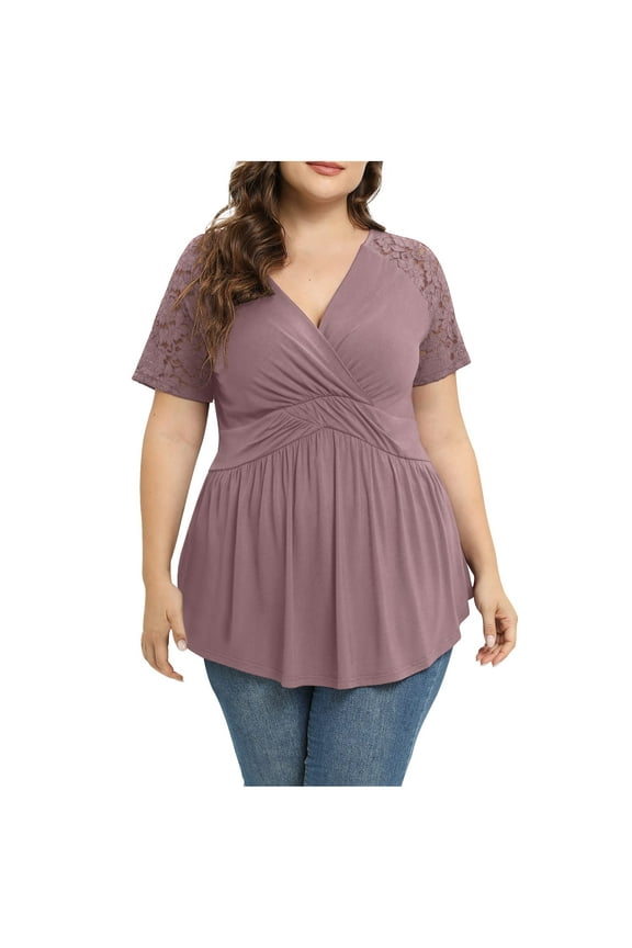 Womens Dressy Work Blouses Casual V-Neck Wrap Short Sleeve Plus Size Tops Summer Tunic Tops