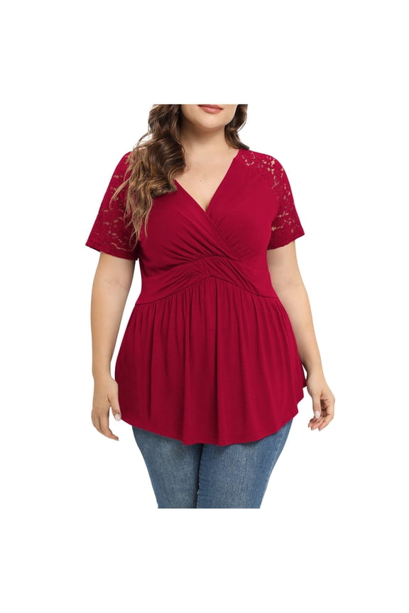 Womens Dressy Work Blouses Casual V-Neck Wrap Short Sleeve Plus Size Tops Summer Tunic Tops