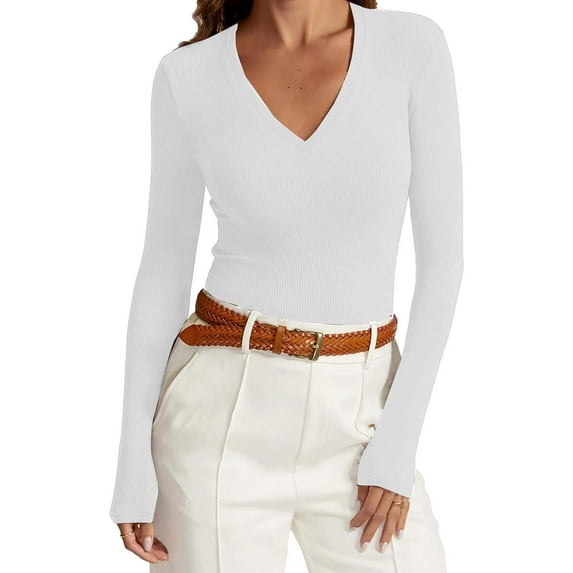 KyCheLot Womens Going out Tops Slim Thin V Neck Long Sleeve Ribbed Knit Solid Color Casual Work Tee Tshirt