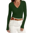 thumbnail image 1 of KyCheLot Womens Going out Tops Slim Thin V Neck Long Sleeve Ribbed Knit Solid Color Casual Work Tee Tshirt, 1 of 7