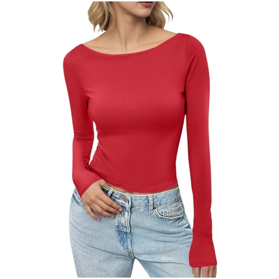 KyCheLot Womens Long Sleeve Shirts Crew Neck Solid Color Crop Tops Basic Casual Going Out Tee Shirts