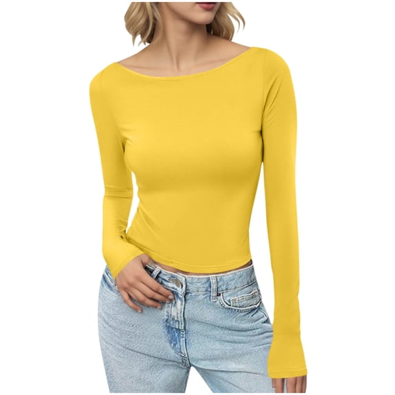 KyCheLot Womens Long Sleeve Shirts Crew Neck Solid Color Crop Tops Basic Casual Going Out Tee Shirts