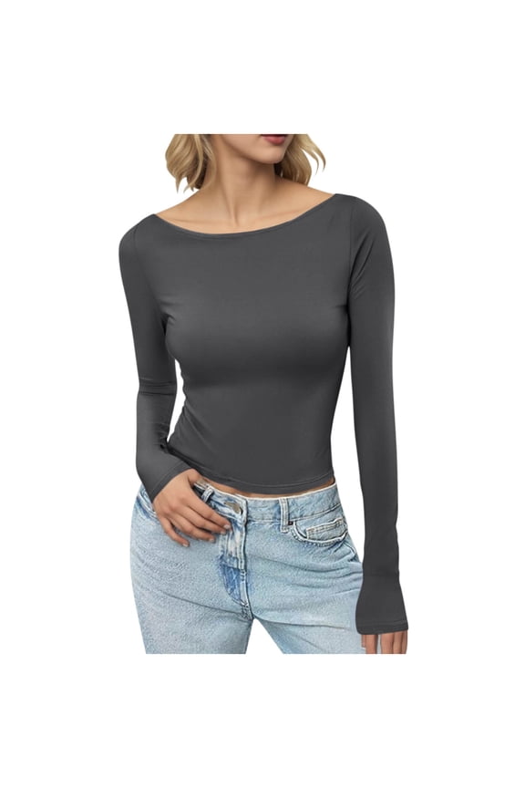 Womens Long Sleeve Shirts Crew Neck Solid Color Crop Tops Basic Casual Going Out Tee Shirts