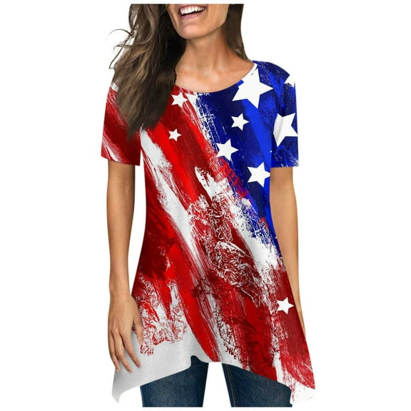 KyCheLot Womens Loose Shirts Comfy Short Sleeve Printed Independence Day Tshirt Summer Tunics Tops