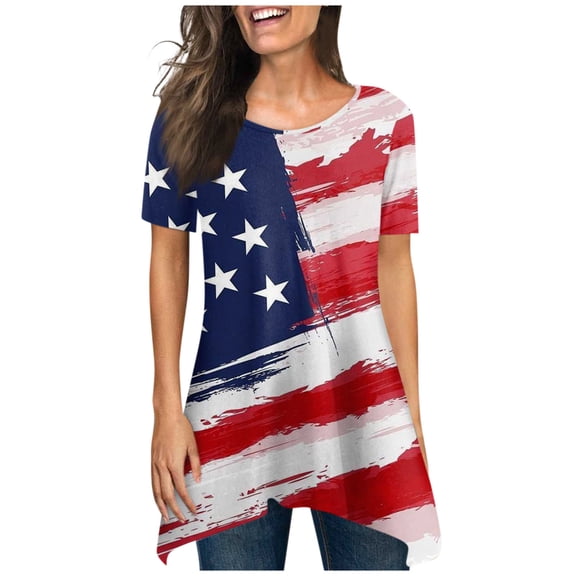 KyCheLot Womens Loose Shirts Comfy Short Sleeve Printed Independence Day Tshirt Summer Tunics Tops
