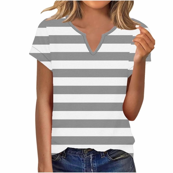 KyCheLot Womens Print Short Sleeve Tops Casual V Neck Stretchy Pullover Lightweight Daily Tshirts Work