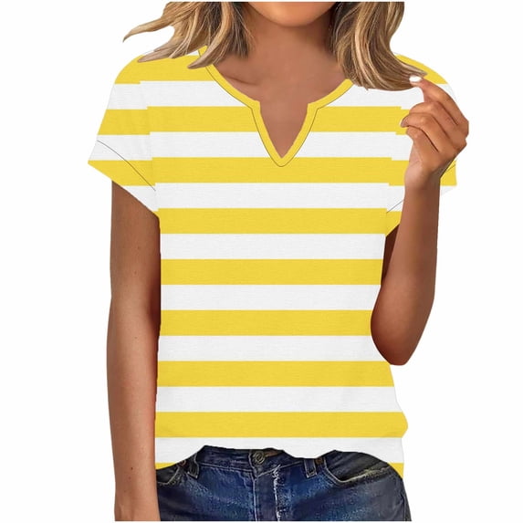 KyCheLot Womens Print Short Sleeve Tops Casual V Neck Stretchy Pullover Lightweight Daily Tshirts Work