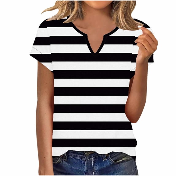 KyCheLot Womens Print Short Sleeve Tops Casual V Neck Stretchy Pullover Lightweight Daily Tshirts Work