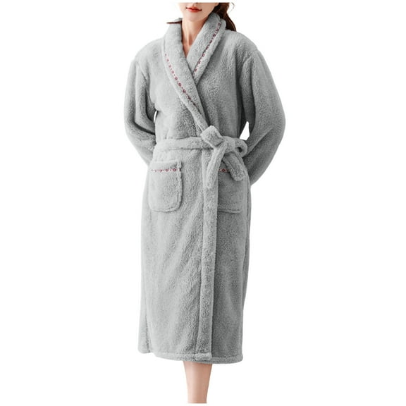 KyCheLot Womens Robes Warm Lapel Flannel Long Sleeve Bathrobe with Pocket Nightgown Ladies Pajamas