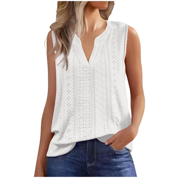 KyCheLot Womens Summer Tank Tops Embroidery Eyelet Sleeveless V Neck Loose Work Casual Shirts